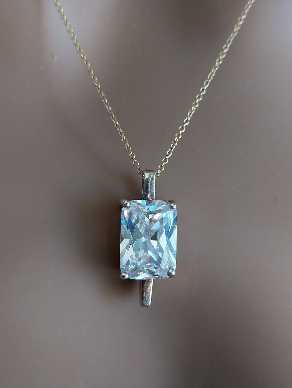 Sterling Silver White Rectangular Crystal Pendant & Necklace 1/20 14 KGF